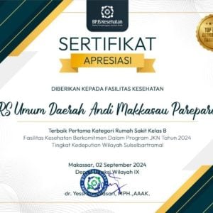 RSUD Andi Makkasau Parepare Raih Penghargaan Terbaik Kategori Rumah Sakit Kelas B dari BPJS Kesehatan