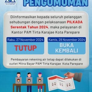 PAM Tirta Karajae Parepare Tutup Sementara pada Hari Pencoblosan Pilkada Serentak 2024