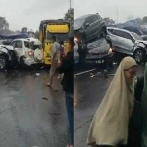 Kendaraan Tumpang-Tindih Hingga Terlempar ke Jalur Berlawanan di  Tol Cileunyi