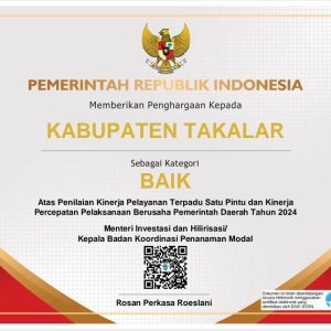 Takalar Raih Penghargaan Kategori Baik Atas Penilaian Kinerja PTSP dan PPB Pemda Tahun 2024